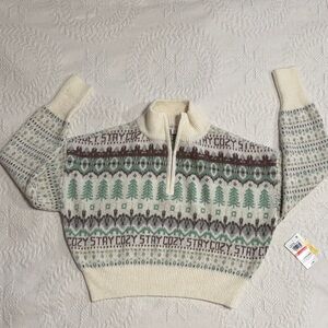 Cream and Green Cropped Stay Cozy Christmas Sweater